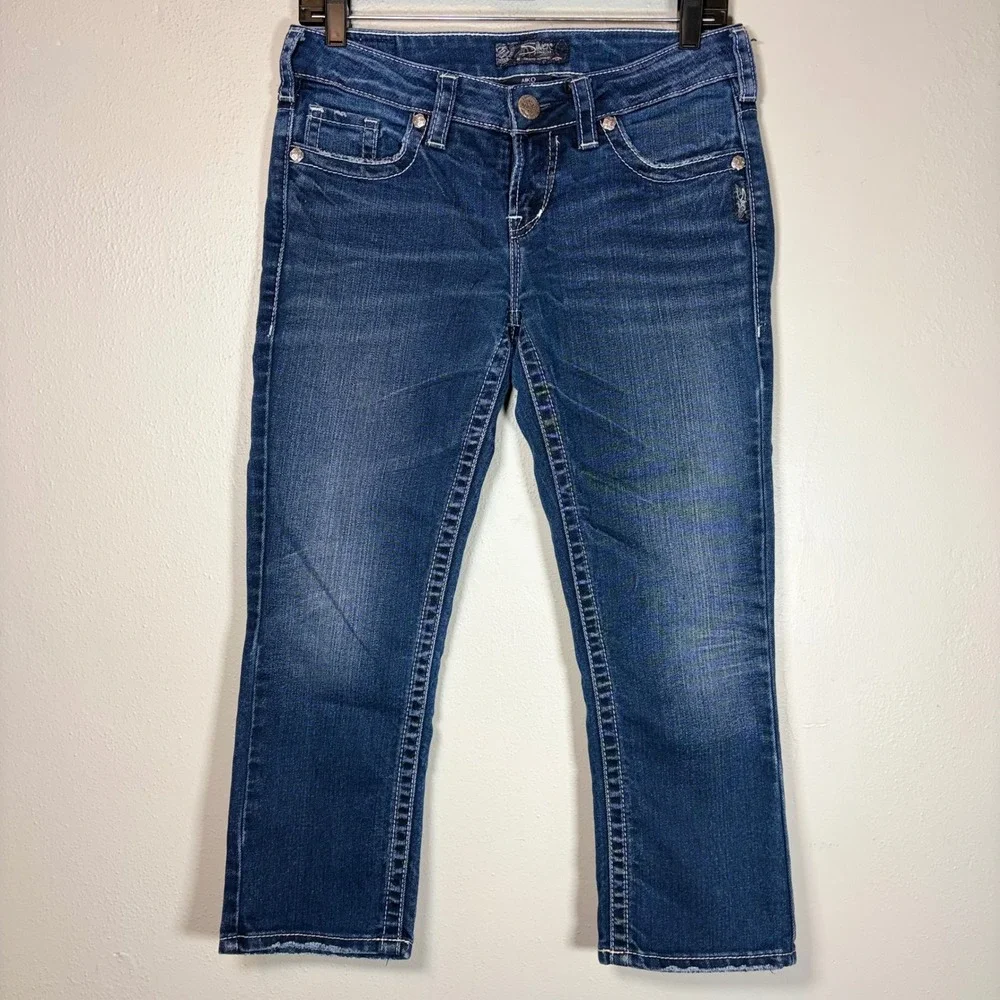 Silver Jeans Co Aiko Capri Dark Wash Denim Embroidered Pocket Jeans Womens 29